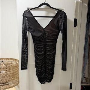 AKIRA Black Ruched Mesh Long Sleeve Dress